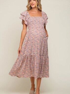 PINKBLUSH Maternity Light Pink Floral Flutter Midi Dress Size Small Pockets